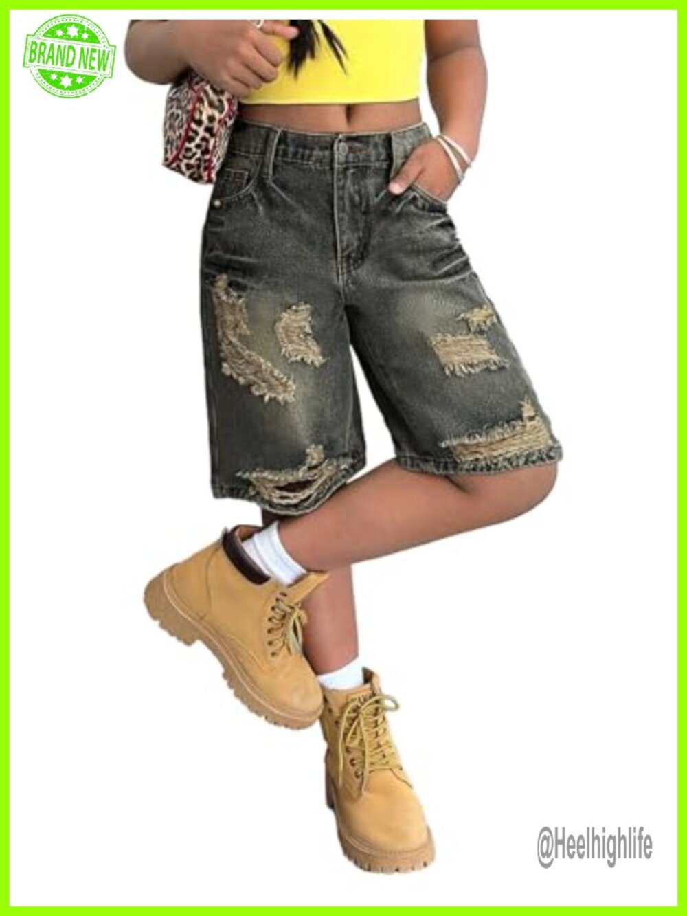 Y2K Baggy Ripped High Waist Denim Shorts Girls 7-14 Casual Wide Leg Bermuda